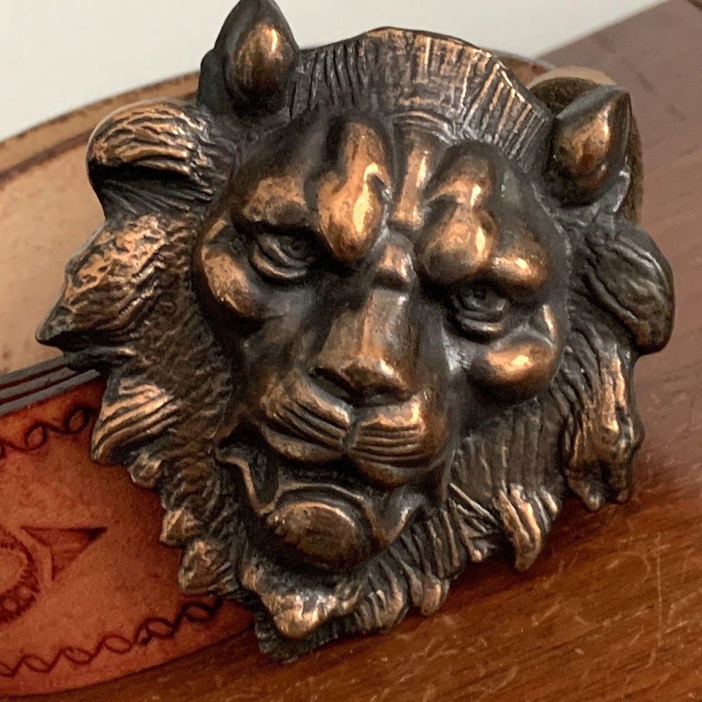 Vintage Metal Lion Head Belt Buckle on removable hand tooled leather belt